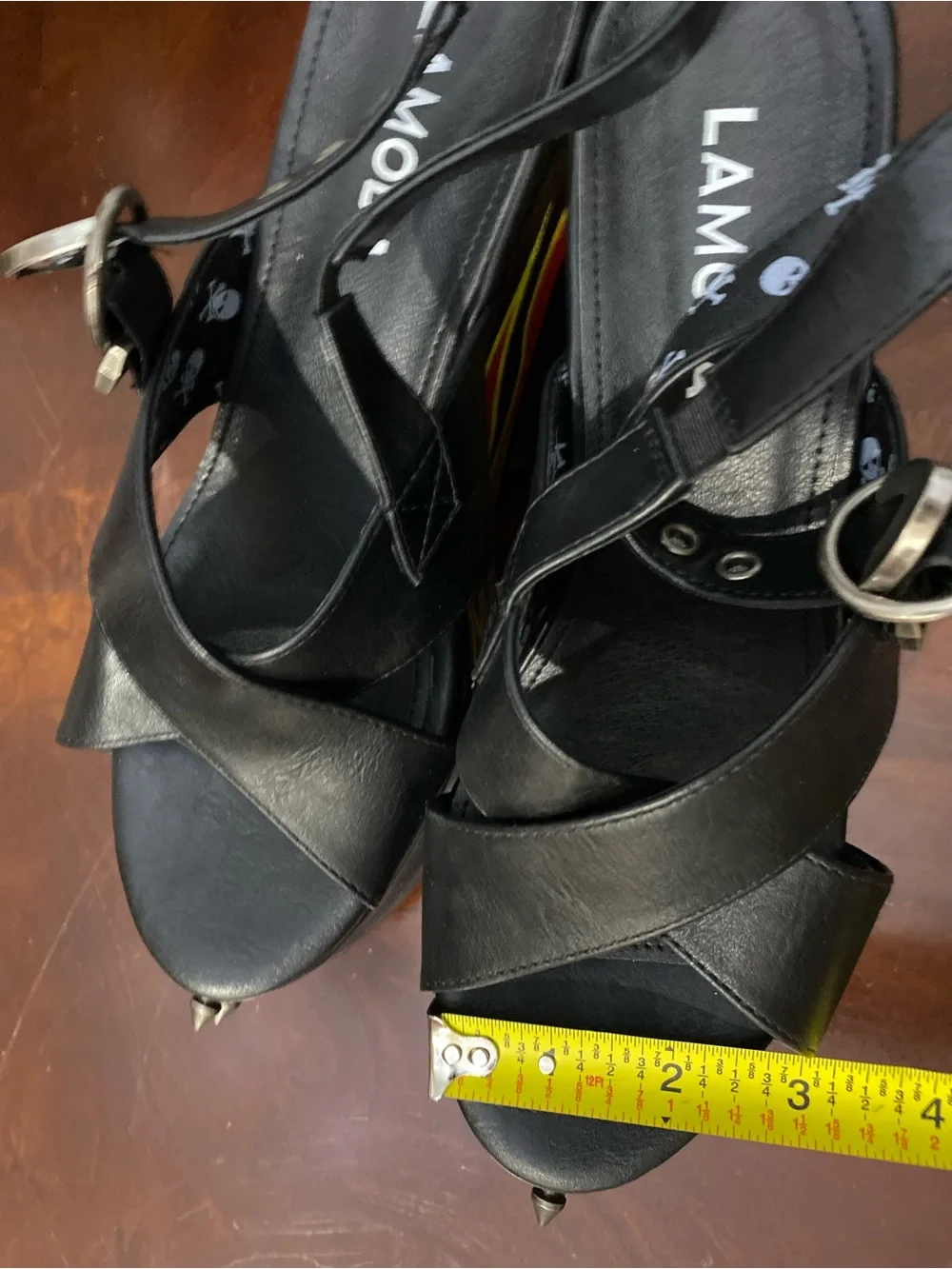 Lamo Black Platform Sandals with Red & Yellow Flame and Skull Detail